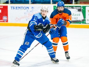 CHRISTIAN BENDER/OJHL IMAGES
Timmins Rock captain Derek Seguin, left, shown here battling for position with Matthew Hobbs, of Team OJHL Coffey, during his time with Team NOJHL East at the Eastern Canada Cup Challenge, has been selected to play in the CJHL Prospect Game in Okotoks, Alta., on Tuesday, Jan. 22. With 22 goals on the season, Seguin is in a three-way tie atop that category and he sits second in the NOJHLs scoring race with 43 points.