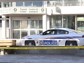 Greater Sudbury Police respond to a disturbance at the downtown bus terminal in 2018. The city has since enhanced security in the area.