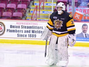 Sault Ste. Marie’s Noah Zeppa, warming up for the Hamilton Bulldogs prior to an Ontario Hockey League game against the Soo Greyhounds earlier this season.