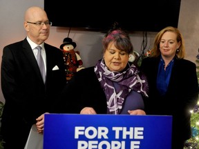 Charlene Catchpole, executive director of Leeds and Grenville Interval House, introduces local MPP and Municipal Affairs Minister Steve Clark and Lisa MacLeod, Minister of Children, Community and Social Services and Minister Responsible for Women's Issues, at a media event at the Interval House women's shelter on Friday, Dec. 14, 2018 in Brockville, Ont. (FILE PHOTO)