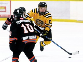 Sarnia Jr. Sting's Rowan Fisher (9) carries the puck against the Kent Cobras in a minor peewee 'AA' semifinal in the Chatham Regional Silver Stick Tournament at Thames Campus Arena in Chatham, Ont., on Sunday, Dec. 9, 2018. Mark Malone/Chatham Daily News/Postmedia Network