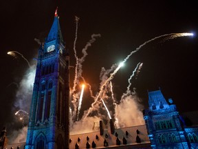 Pyrotechnics explode above Centre Block on Parliament Hill during the Christmas Lights Across Canada illumination ceremony in Ottawa on Wednesday, Dec. 5, 2018. THE CANADIAN PRESS/Justin Tang