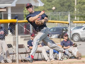 Kingston Ponies third baseman Austin O'Boyle throws the ball to first for an out after fielding a bunt against the Ottawa Panthers in a National Capital Baseball League Tier 1 game on July 15, 2018, at Megaffin Park. The Ponies will not play in the league this year, for the third year in a row.