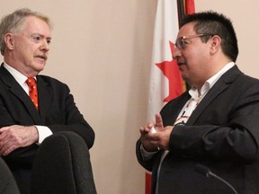 Sarnia Mayor Mike Bradley and Aamjiwnaang First Nation Chief Chris Plain speak following the inaugural meeting of Sarnia's 2018-2022 city council. (Tyler Kula/Sarnia Observer)