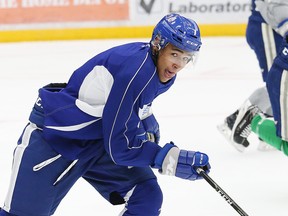 Isaak Phillips, of the Sudbury Wolves, takes part in a practice at the Sudbury Community Arena in Sudbury, Ont. on Thursday September 6, 2018.