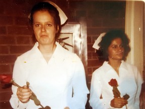 Patricia Baker (left) on graduation night from the Ottawa Civic Hospital School of Nursing with classmate Yolanda Begermi.