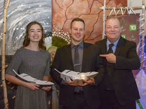 Award recipients Madeline Collingridge and Jordan Harris pose with Mayor Peter Brown at the Airdrie Mayor's Night of the Arts on Saturday, Jan. 26, 2019.