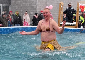 A moment of silence was held for Mike Currie during the sixth annual Polar Plunge held in Chatham.  The retired Chatham-Kent police officer was a long-time supporter of Special Olympics.  He is seen getting tropical for the second annal Polar Plunge at St. Clair College in Chatham, Ont.  on Saturday January 19, 2019. Ellwood Shreve/Chatham Daily News/Postmedia Network