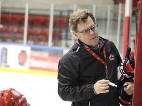 Colts head coach Ian MacInnis makes a point at the diagram board at the civic complex during the team workout on Wednesday, January 23, 2019, in Cornwall, Ont. Todd Hambleton/Cornwall Standard-Freeholder/Postmedia Network