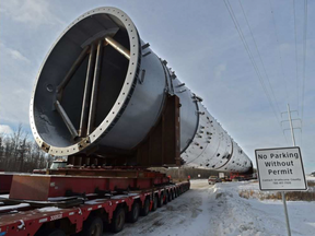 A petrochemical vessel, called a propylene-propane splitter, the heaviest load to ever hit Alberta’s highways was parked off Highway 14 just east of Highway 21, as it started its four day crawl to northern Strathcona County on Jan.7.