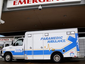 DARCY CHEEK/THE RECORDER AND TIMES
A Leeds and Grenville ambulance sits at the emergency entrance to the Brockville General Hospital on Thursday.