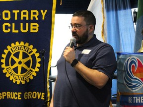 Brad Mastaler speaks at an earlier Spruce Grove Rotary Club meeting before the time of COVID-19. The group just announced a virtual silent auction for those interested in supporting community businesses and support groups.