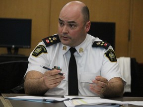 Deputy Chief Sean Sparling, of Sault Ste. Marie Police Service, speaks to members of Sault Ste. Marie Police Services Board during a meeting at Civic Centre in Sault Ste. Marie, Ont., on Thursday, Feb. 18, 2016. (BRIAN KELLY/THE SAULT STAR/POSTMEDIA NETWORK)