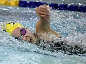 Bella Mastroianni of the Sudbury Laurentian Swim Club takes part in the girls 13 and over 400 meter freestyle event at the SLSC Spring Invitational at the Jeno Tihanyi Olympic Gold Pool at Laurentian University, in Sudbury, Ont. on Sunday May 14, 2017.