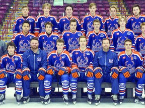 Members of the Soo Minor Thunderbirds are (front row) Andy Couture, Gavin Ritacco, Laine Bertin (assistant coach), Tyler Dunbar, Jack Matier, Jamie Henderson (head coach), Stephen Pszeniczny, Evan Nicholls and (middle row) Shawn Folz (manager), Nathan Rowe, Jake Kovacs, Ethan Novello, Dylan Szabo, Thomas Irwin, Nixon Zelonko and (back row) Carson Barnes, Caleb Boylan, Theo Smith, Chase Wilson, Logan Vanderburg and Cooper Proulx. Missing from photo are assistant coaches Micky Sartoretto, Brianne Veale and Mark Matier and trainer Dave Scott.