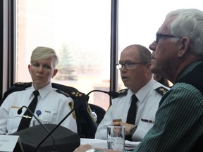 Cornwall Deputy Chief Shawna Spowart and Chief Danny Aikman present the 2019 police budget to the police service board as chairman Glen Grant studies their slideshow on Tuesday February 26, 2019 in Cornwall, Ont. Alan S. Hale/Cornwall Standard-Freeholder/Postmedia Network