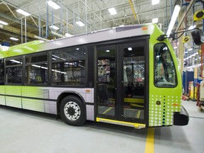 An electric bus is shown at the Nova Bus production plant in St. Eustache, Que., on March 7, 2012.