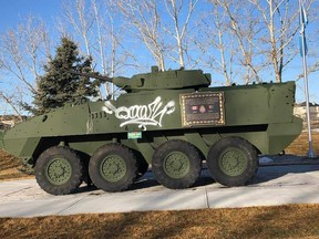 On March 22, it was discovered that the LAV III monument in front of the Nose Creek Valley Museum had been vandalized. - Submitted