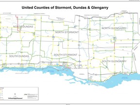 A  map showing the different classes of roads in SDG. 
Red - Class 2, Yellow - Class 3, Green - Class 4, Blue - Class 5