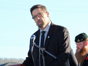 David Yurdiga, MP for Fort McMurray-Cold Lake, speaks at the unveiling of a memorial commemorating Canadians who served in Afghanistan at the Royal Canadian Legion Branch 165 in Fort McMurray Alta. on Saturday October 28, 2017. Vincent McDermott/Fort McMurray Today/Postmedia Network