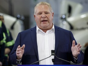 Ontario Premier Doug Ford answers media questions during an announcement in Cambridge, Ont., on Wednesday, March 13, 2019. THE CANADIAN PRESS/Cole Burston