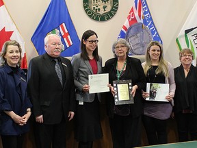 The Town of Stony Plain has won its ninth consecutive Canadian Award for Financial Reporting (CAnFR). Pictured, Town officials pose with the award in 2019. Photo by Evan J. Pretzer/Postmedia.