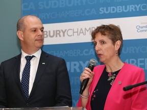 Sudbury MPP Jamie West and Nickel Belt MPP France Gelinas addressed an audience at the Greater Sudbury Chamber of Commerce luncheon in Copper Cliff, Ont. on Friday March 22, 2019.