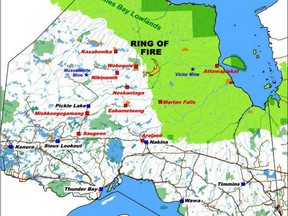 Ring of Fire map showing the mining area in relation to the rest of Northern Ontario.