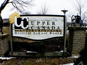 The Upper Canada District School Board head office sign is shown in Brockville, Ont. (File photo)