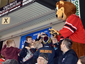 Cubby, the Owen Sound Attack's mascot, is a popular figure at the Ontario Hockey League team's games. Here, eight young fans reach up to give Cubby a high-five during a break in action at the Attack-Windsor Spitfires game Saturday, March 24, 2019 at the Harry Lumley Bayshore Community Centre in Owen Sound.  Denis Langlois/The Owen Sound Sun Times/Post Media Network