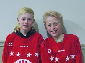 Nikolas Rossetto and Evan Headrick show off their blond hair-do's, coloured for the playoffs.