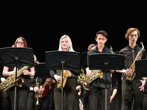 The Bert Church High School Jazz Band and The Midnight Mustangs (GMHS) - Jazz Ensemble) during a combined performance of "Chameleon" by Hancock in Airdrie on Friday, March 29, 2019. The opening act for the Airdrie Rotary Festival of Performing arts Showcase night, conducted by Corbie Dorner and Jordan Harris.
