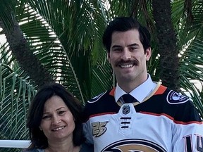 Adam Henrique with mom Teresa. Henrique donates stuffed animals to the Woodstock Hospital's pediatric surgery program. (Woodstock Hospital)