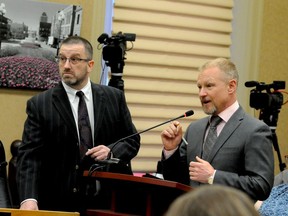 Michael Adamcryk, right, and James Wilson speak to Brockville council in this 2019 file photo. (FILE)