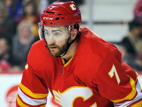 T.J. Brodie of the Calgary Flames in action against the New York Rangers during an NHL game at Scotiabank Saddledome on March 15, 2019, in Calgary, Alta. (Photo by Derek Leung/Getty Images)