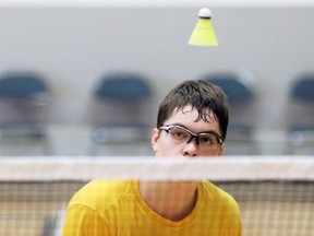 Brendan Hunter of the Pain Court Patriotes watches his shot during the boys' singles final at the LKSSAA South Region senior badminton tournament at St. Clair College's Chatham Campus HealthPlex in Chatham, Ont., on Tuesday, March 9, 2019. Mark Malone/Chatham Daily News/Postmedia Network