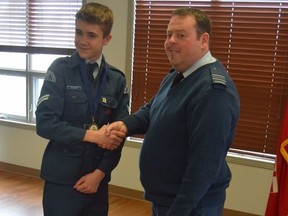 Cpl Jack Wilson receives his Effective Speaking Competition gold medal from Maj Sandy McDonald.Handout/Cornwall Standard-Freeholder/Postmedia Network

Handout Not For Resale