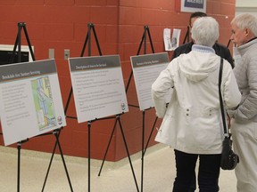 Some of the panels set up at the Tuesday night Public Information Centre at the Benson Centre regarding the proposed single sewage pumping station at the north end of Brookdale Avenue. Photo on Tuesday, April 16, 2019, in Cornwall, Ont. Todd Hambleton/Cornwall Standard-Freeholder/Postmedia Network