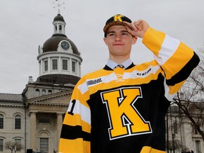 Shane Wright in front of City Hall after being selected first overall by the Kingston Frontenacs in the Ontario Hockey League Priority Selection on April 5, 2019.