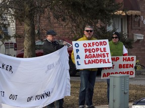 Locals protest the proposed landfill outside Walker Environmental's building in Ingersoll on Wednesday, March 27. The community liaison committee met for the 35th time Wednesday with about 100 people protesting outside Walker Environmental's building. Greg Colgan/Sentinel-Review