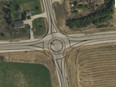A rough sketch of a traffic circle for the intersection of Grey Road 3 and 4, east of Hanover.
(Grey County illustration)