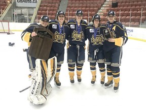 The five Sherwood Park players on the St. Albert Slash Midget hockey team — Taylor Anker, Alexis Butz, Jenna Goodwin, Riley Smith and starting goalie Brianna Sank — are hoping to help their team win a third straight national title.
Photo Supplied