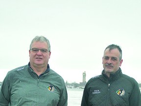 Soo Indians coach Patrick Carricato (right) with general manager Mike Kaunisto.