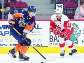 Cody Morgan of the Flint Firebirds and Keeghan Howdeshell of the Soo Greyhounds, in Ontario Hockey League action from the 2018-2019 regular season.