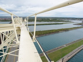 The view is pictured from the International Bridge between Sault Ste. Marie, Ont. and Sault, Mich., on Monday, Sept. 24, 2012. The structure, which spans the St. Mary's River connecting Sault, Ont. with Sault Ste. Marie, Mich., is 50 years old this year.