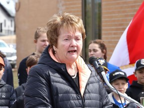 Former city councillor Evelyn Dutrisac makes a point at a $1 million funding announcement for a therapeutic pool at the Lionel E. Lalonde Centre in Azilda on April 25, 2019.