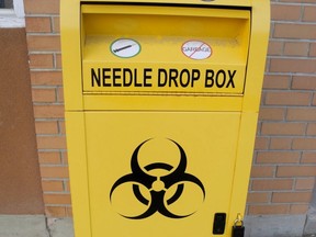 The Haldimand-Norfolk Health Unit has situated used-needle drop boxes such as this one around the two counties to reduce the spread of blood-borne illnesses. Tuesday, the local board of health accepted $80,000 in funding to track opioid overdoses in real time. -- Monte Sonnenberg