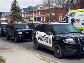 It took three Stratford police cruisers and a mobile command post vehicle to finally get an elderly man to pull his pickup truck over Friday after a lengthy low-speed chase throughout the surrounding countryside. Handout/Stratford Beacon Herald/Postmedia Network