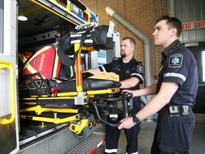 Greater Sudbury paramedics Nathan Ryan, left, and Blaise Quenneville are pictured in advance of Paramedic Week in 2019.