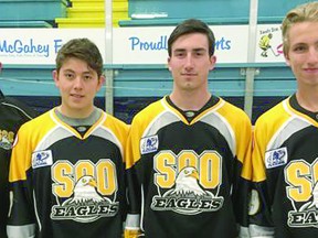 Among those who are in 'wait until next year' mode for the Soo Eagles of the Northern Ontario Jr. Hockey League are (left to right) coach Doug Laprade and players Raf Praysner, Caleb Wood and Owen Shier.